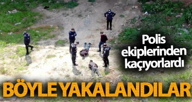 Motosikletle polisten kaçan şahısların yakalandığı anlar havadan görüntülendi